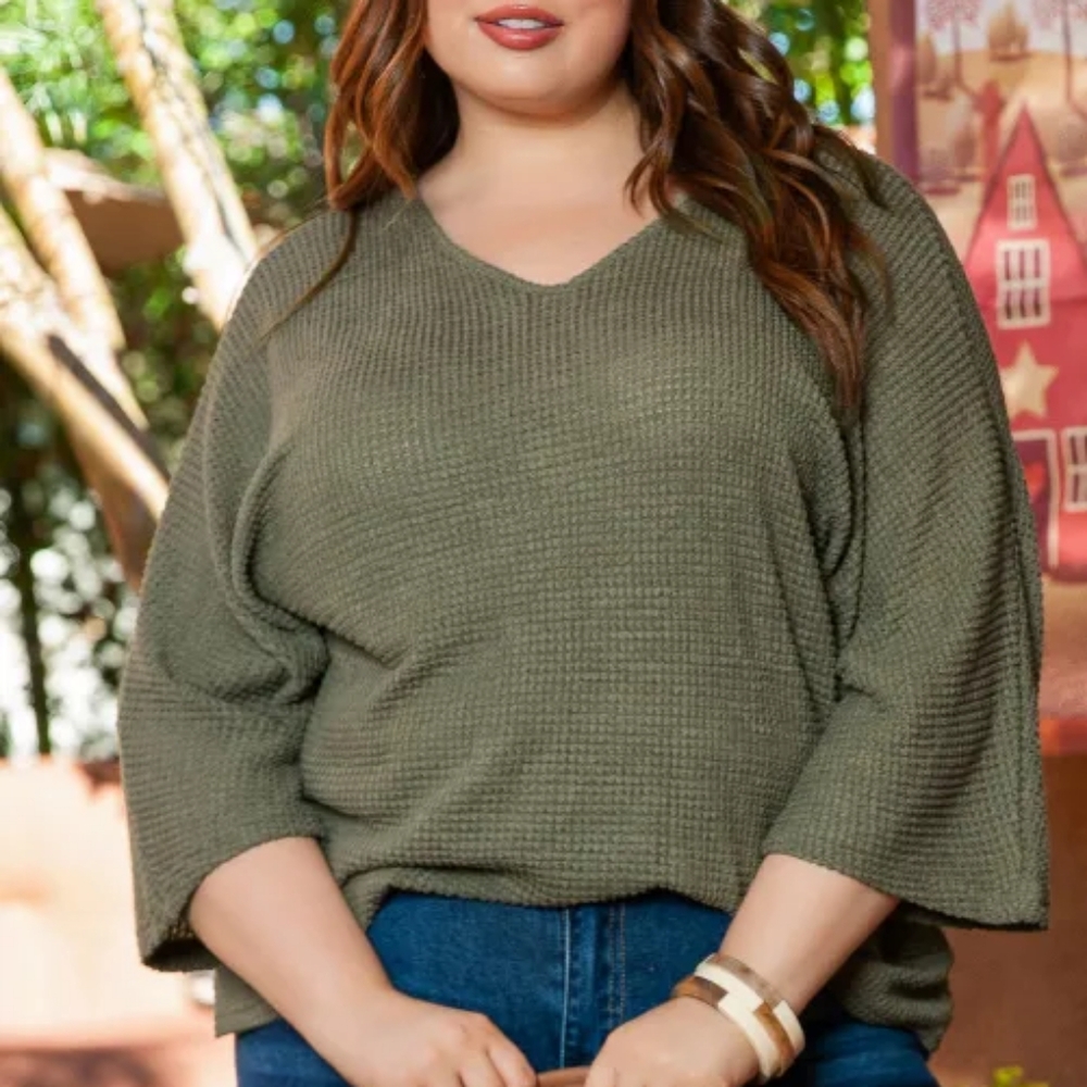 Jungle Green Plus Size V Neck Textured Knit Dolman Top